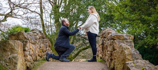 Wedding Engagement Shoot, bride and groom pose on a bridge